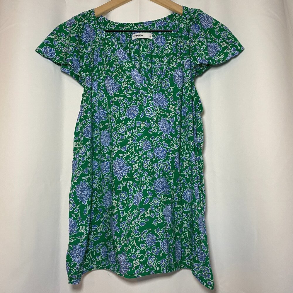 Sonoma Goods for Life Flutter Sleeve Blouse Womens M Green Blue Floral Boho EUC